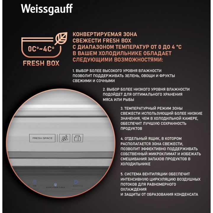 Фото Title Отдельностоящий холодильник с инвертором Weissgauff WCD 590 Nofrost Inverter Premium EcoFresh Rock Glass - 8 Фото Alt Отдельностоящий холодильник с инвертором Weissgauff WCD 590 Nofrost Inverter Premium EcoFresh Rock Glass - 8