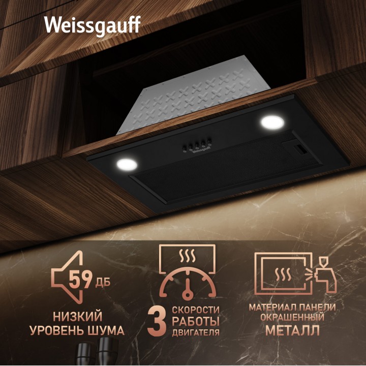 Фото Alt Кухонная встраиваемая вытяжка Weissgauff  Leaf 600 PB Full Black Enamel - 1
